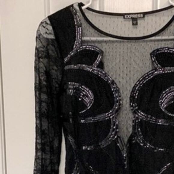 Express sexy black sequin sheer lace long sleeve dress sz2 backless dress NWOT - Picture 11 of 12